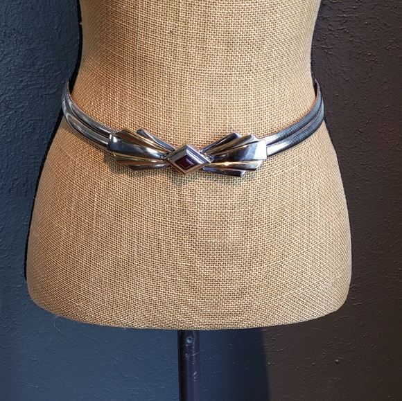 Judith Leiber Vintage 80s Silvertone Double Coil Belt With An Art Deco Buckle - Picture 1 of 13